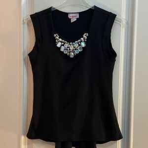 La Apparel Black Sleeveless Peplum Top with Embellished Rhinestone Bib Necklin